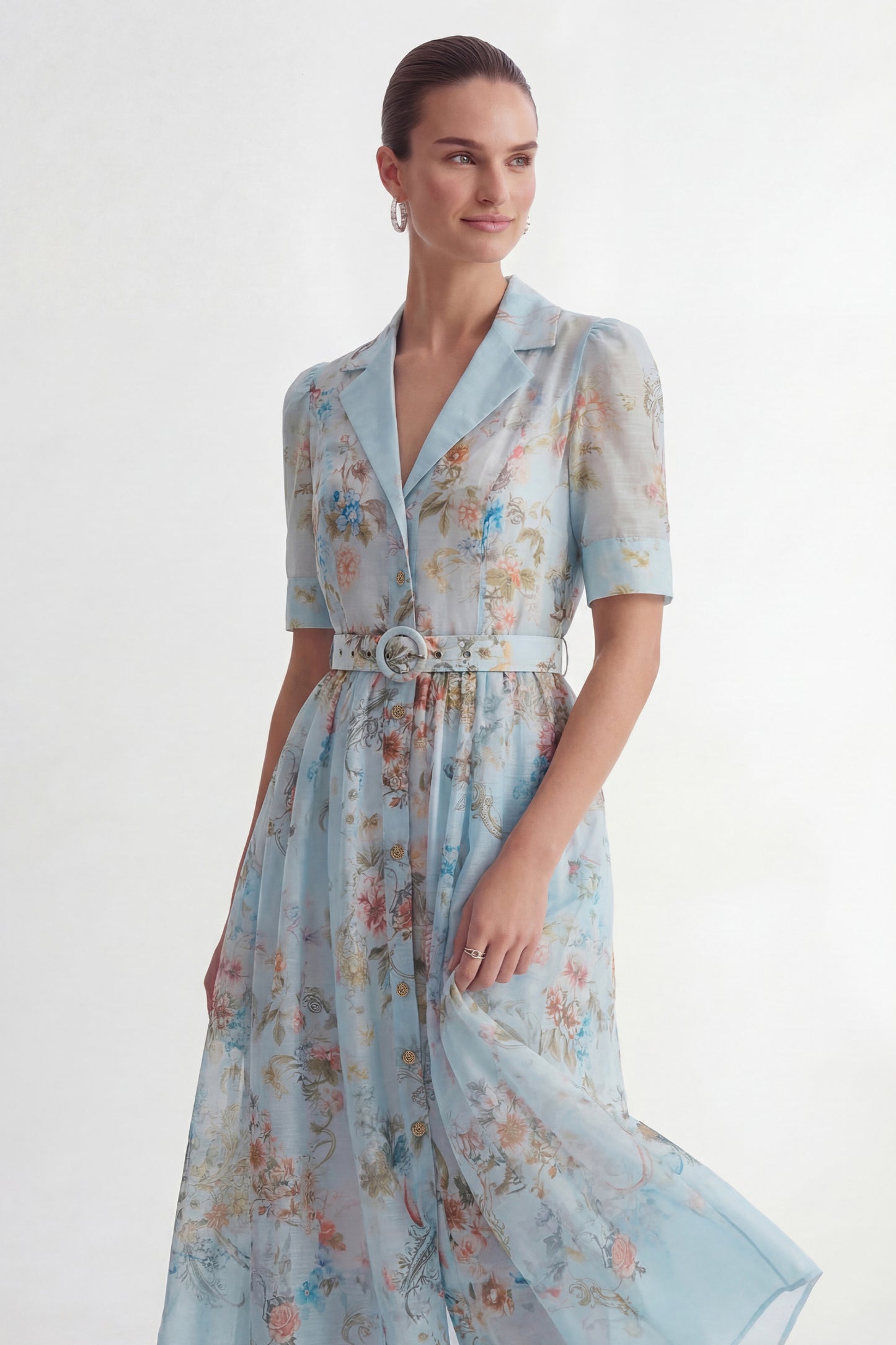 Blue Floral Puff Sleeve Shirt Collar Maxi Dress - view 3
