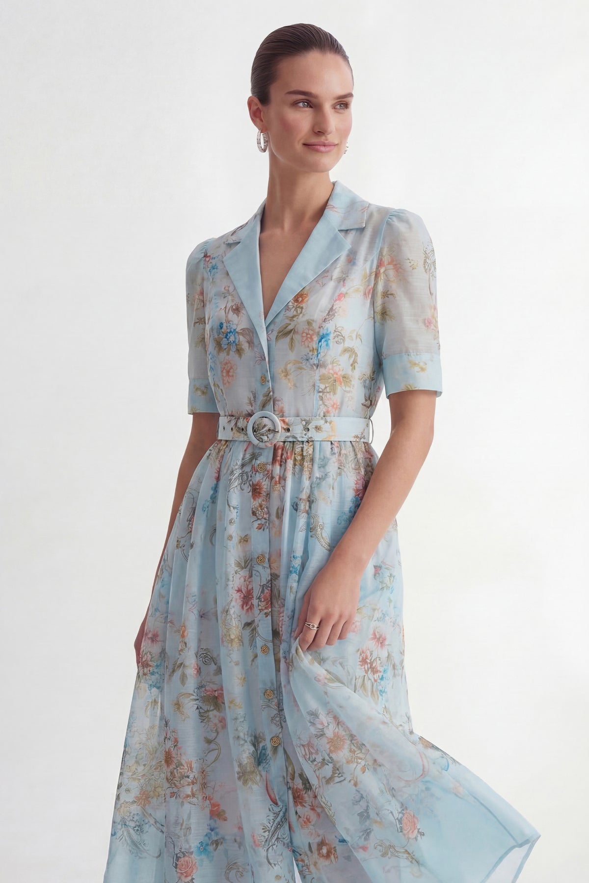 Blue Floral Puff Sleeve Shirt Collar Maxi Dress - view 3