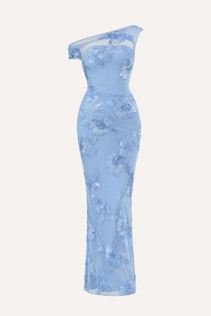 Blue One-Shoulder Lace Maxi Dress