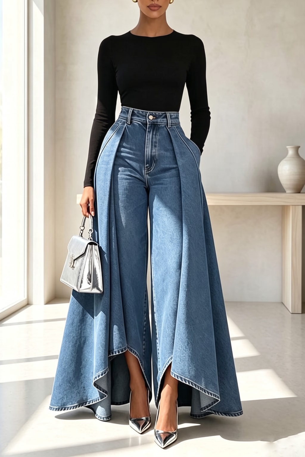 Denim Wide-Leg Jeans With High-Waist Overlay - 2