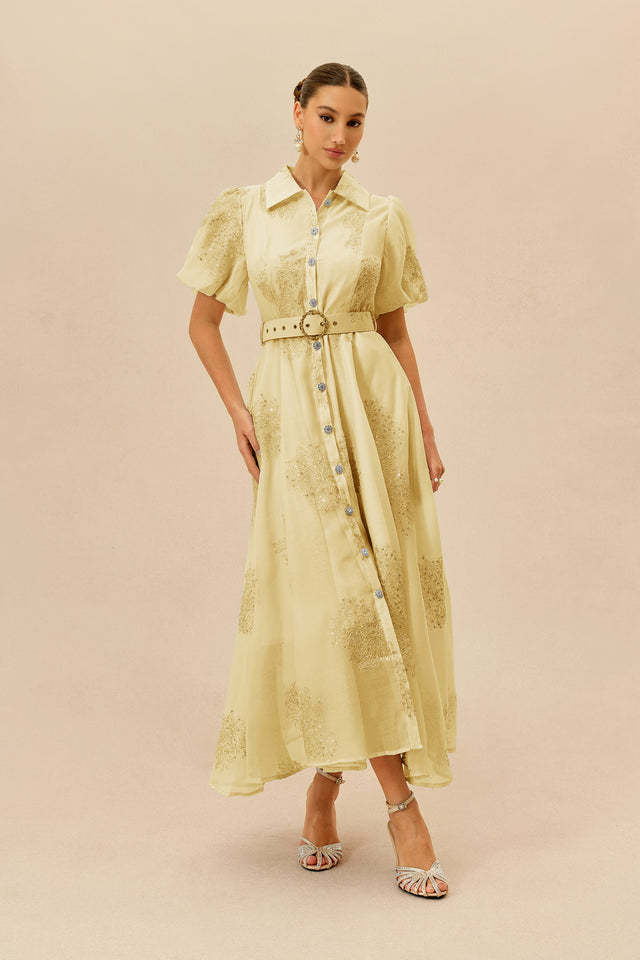 Terylene Embroidered Puff Sleeve Maxi Dress - 2