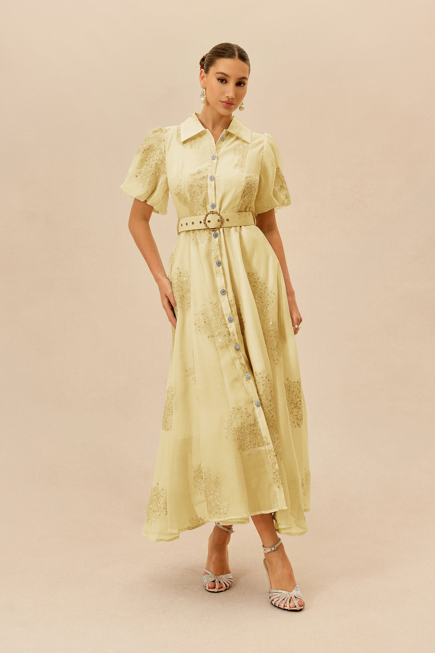 Yellow embroidered puff sleeve maxi shirt dress - view 2