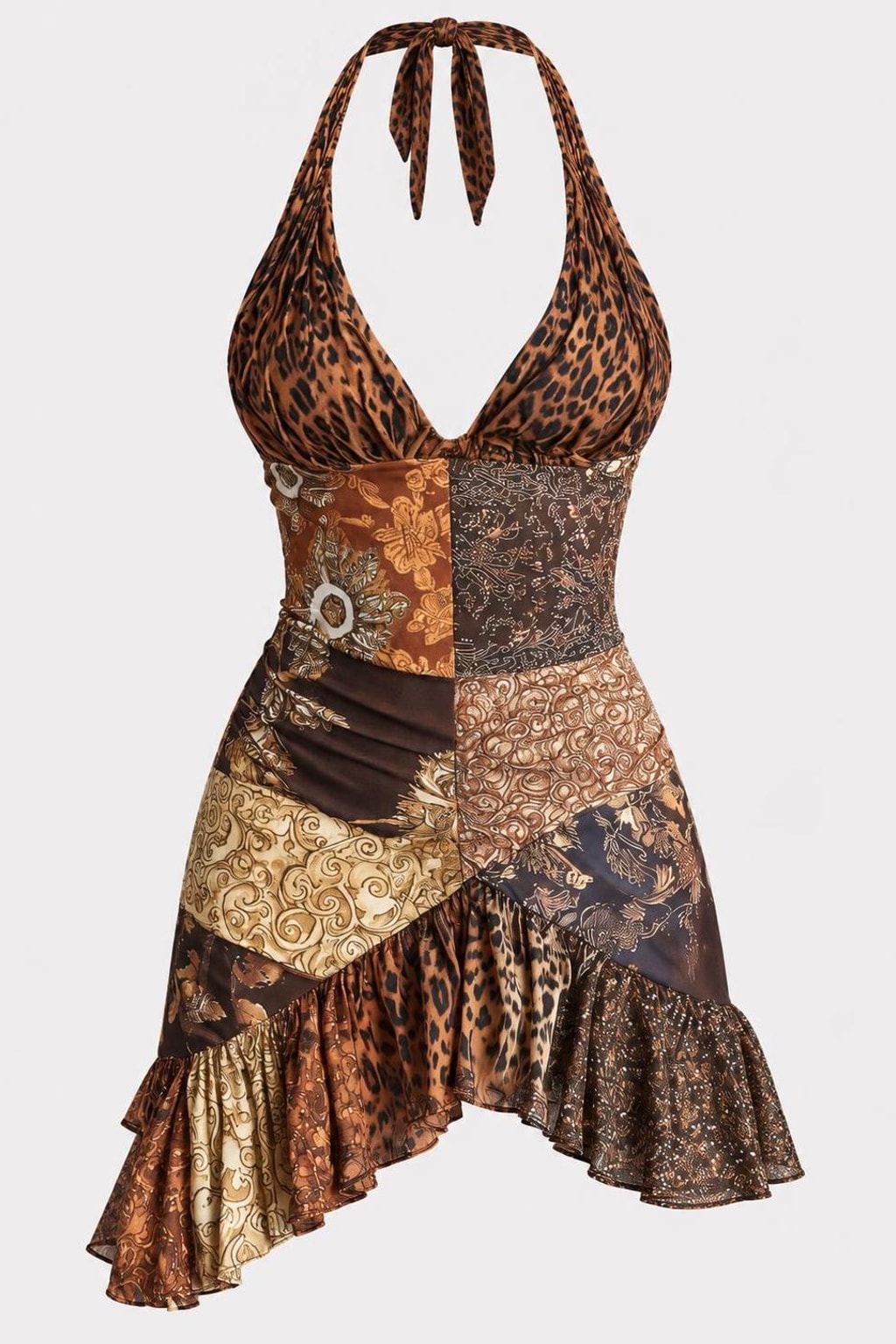 Leopard Print Halter Ruffle Hem Mini Dress - 1