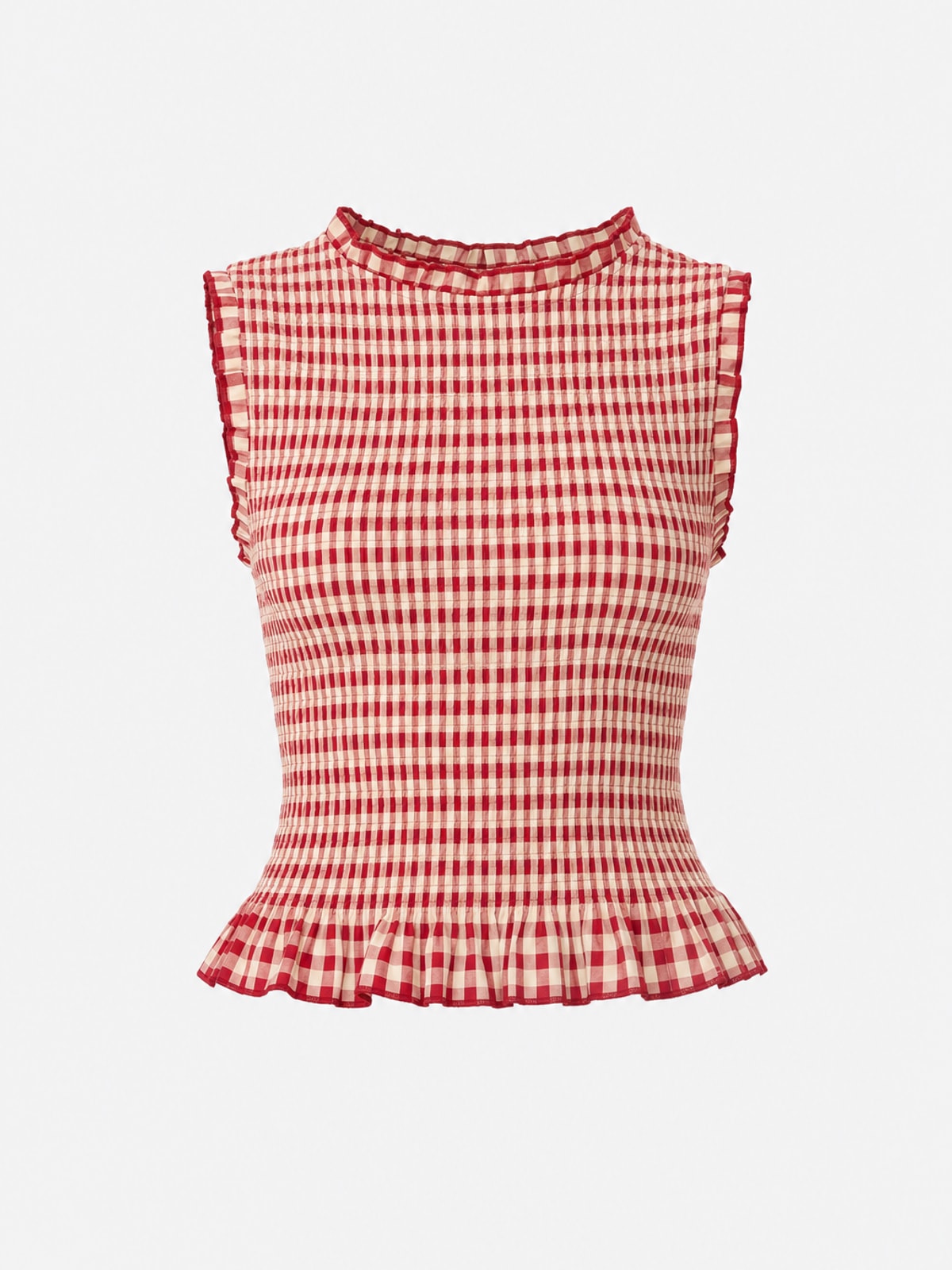 Plaid Boat Neck Shirred Top Slim Fit Sleeveless Tee - 1