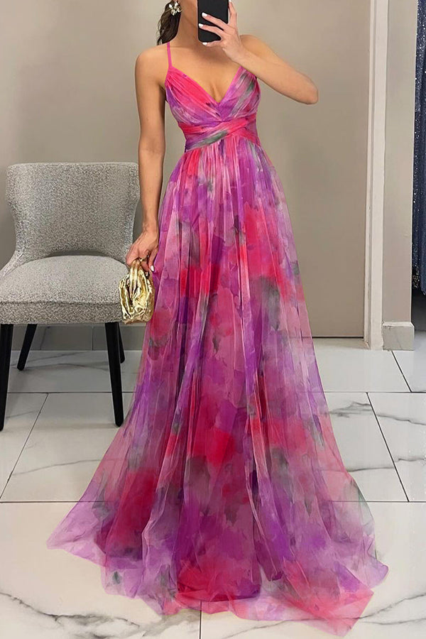 Tulle floral maxi dress with cutout waist - view 7