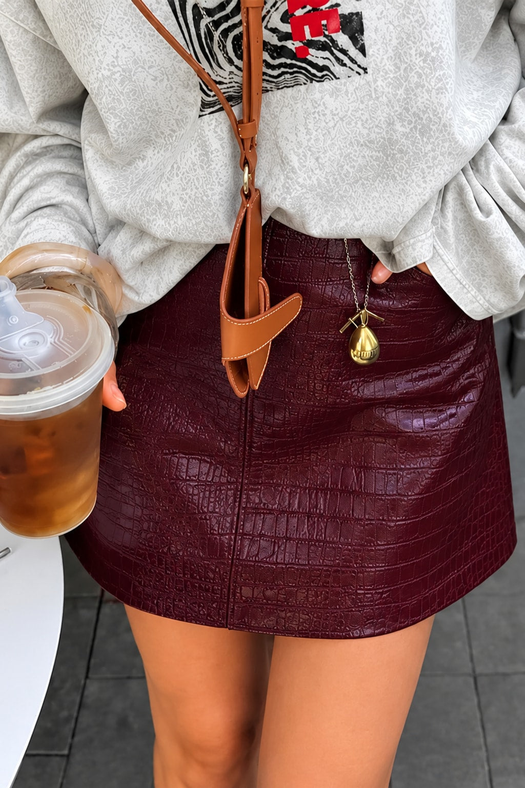 Faux Leather Mini Skirt Crocodile Grain A-Line - 4