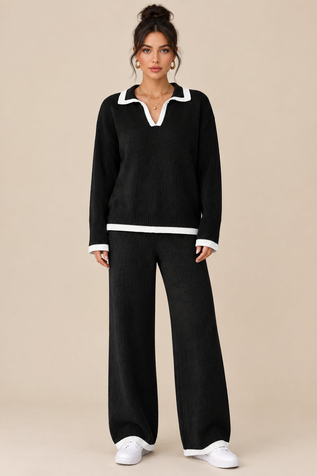 Polyester Two-Piece Pants Set With Contrast Trim - 5