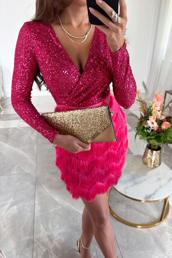 Sequin tiered fringe mini dress with long sleeves - view 4