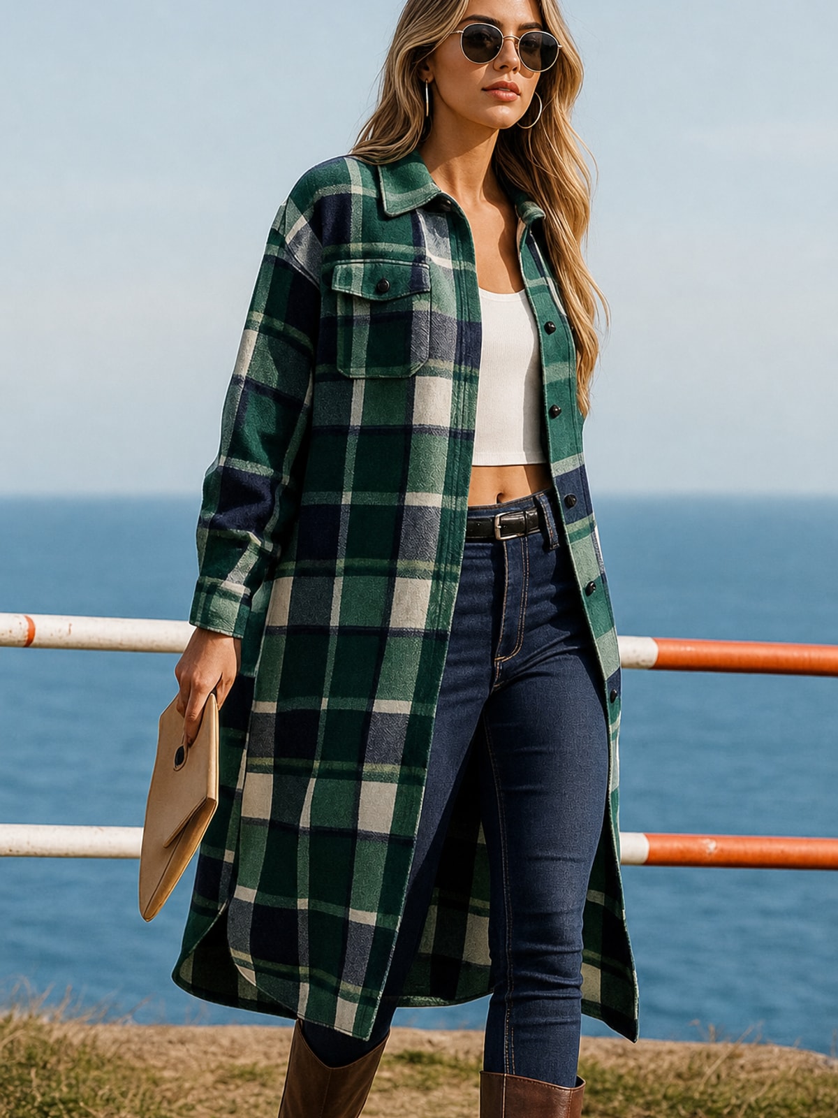 Longline Checked Coat Relaxed Fit For Fall & Winter - 5