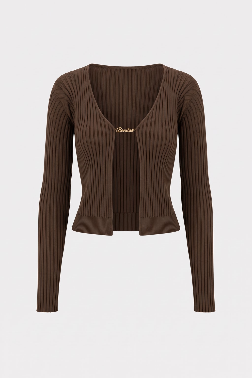 Ribbed Knit Chain-Detail Top in Brown - 1