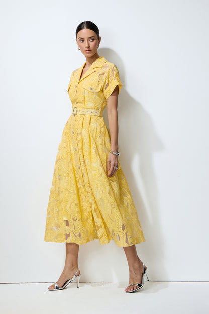 Belted Floral Lace Midi Dress in Yellow - view 5