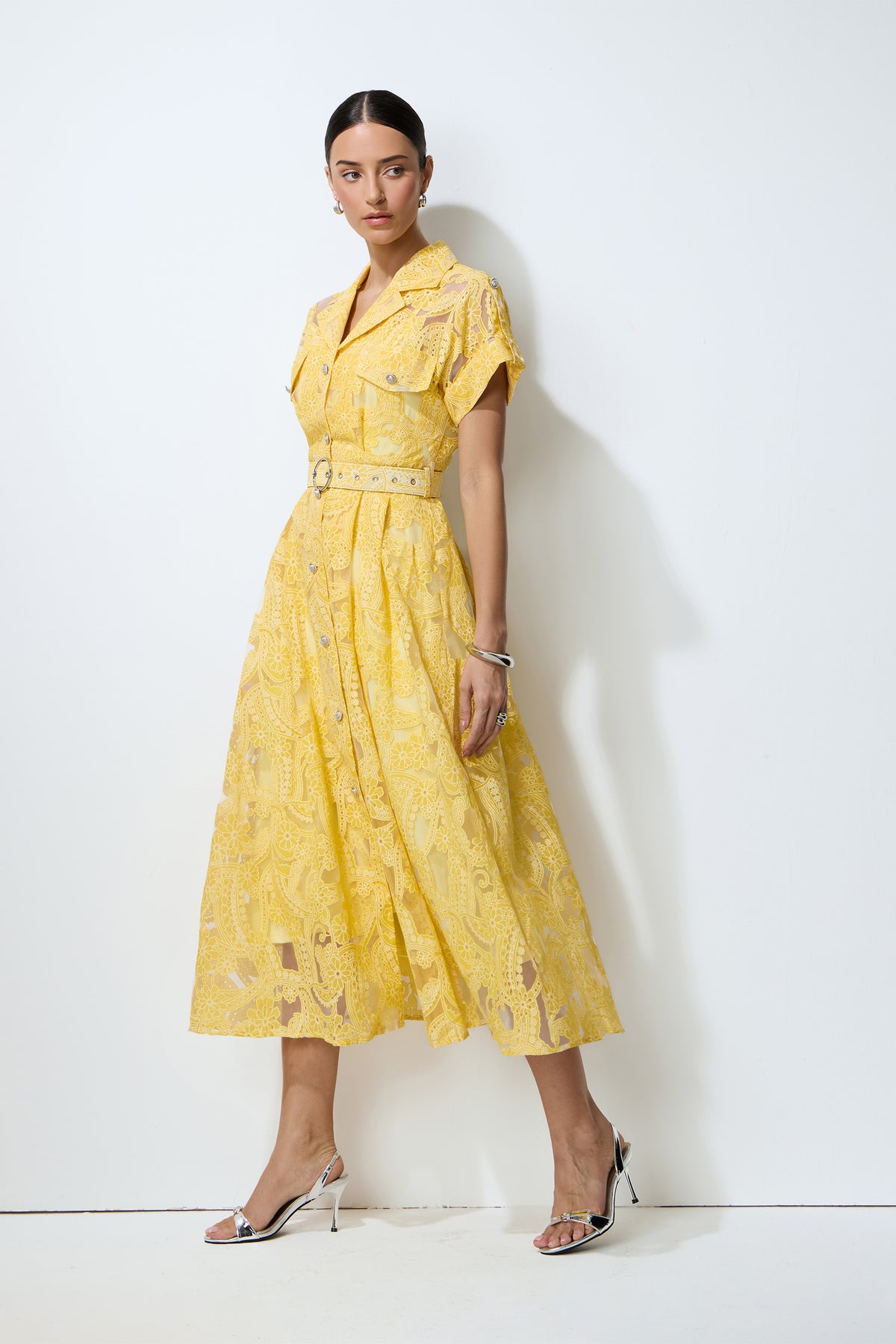 Lace Floral Midi Dress with Belted Waist - 5