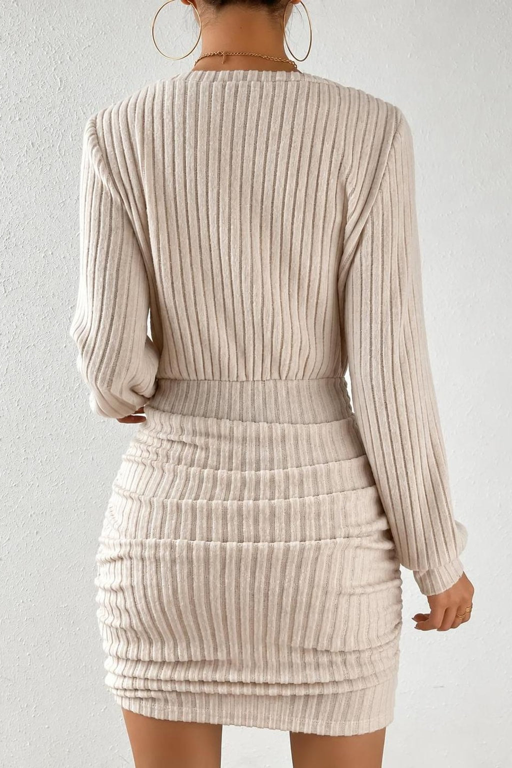 Knitted Wrap V-Neck Bodycon Mini Dress - 3