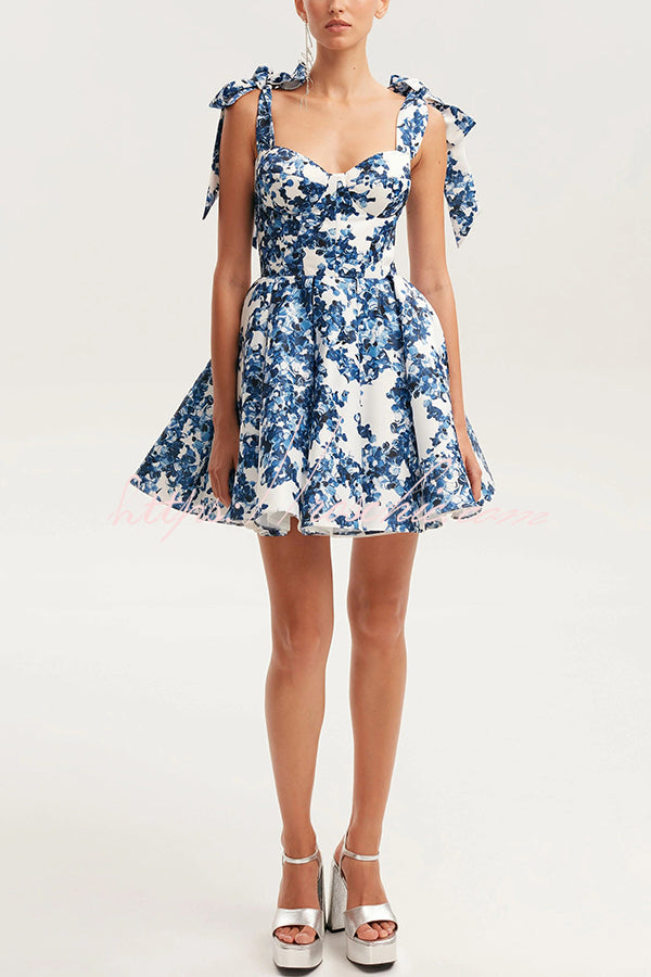 Blue Floral Bow-Strap Flared Mini Dress - view 2