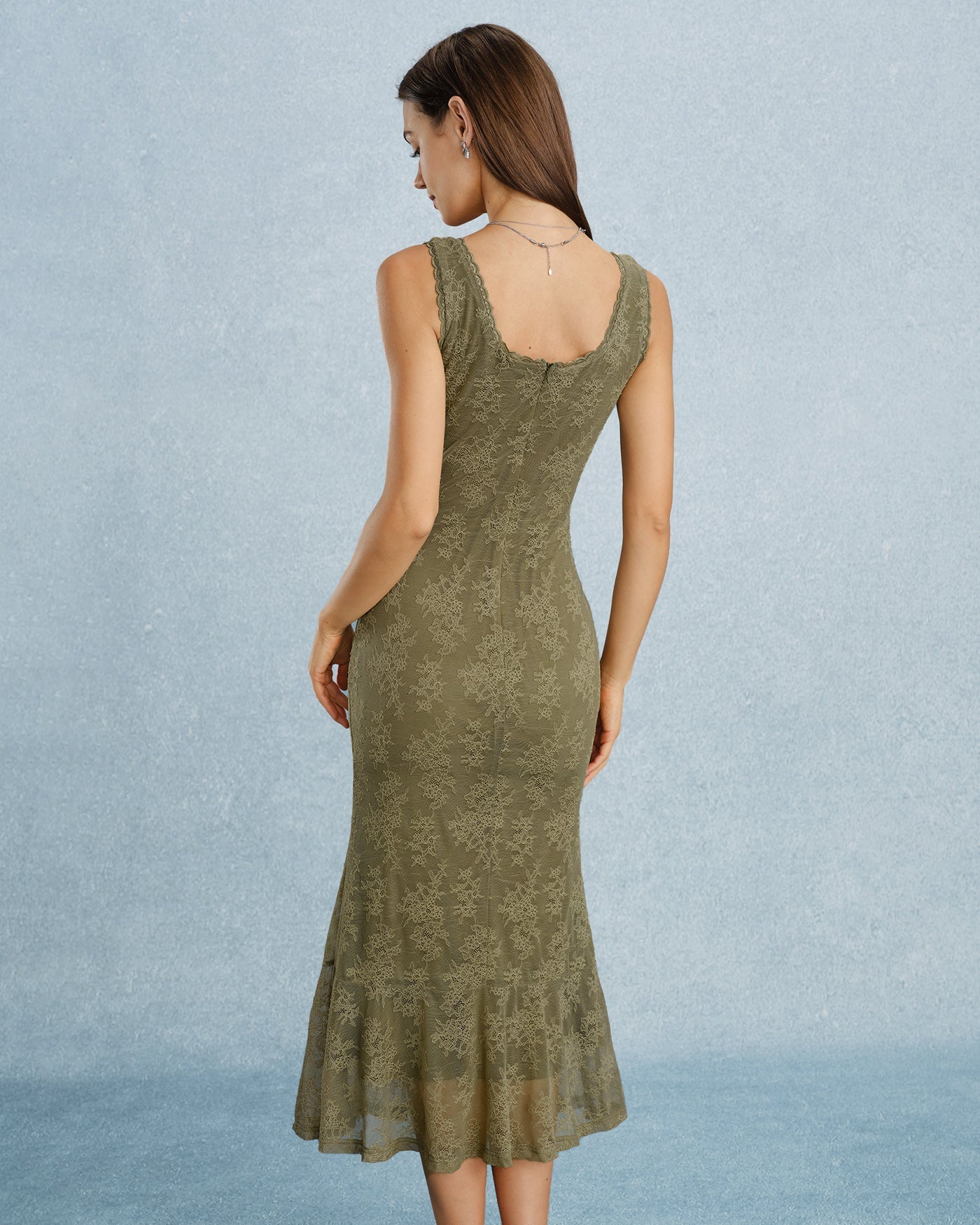 Green Floral Lace Square Neck Midi Dress - view 4