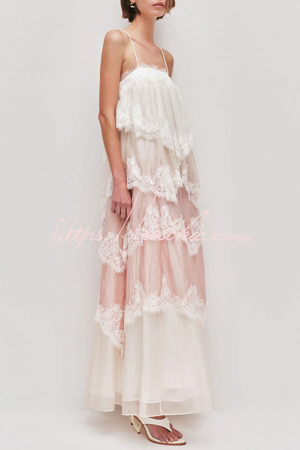 Pink Chiffon Lace Backless Tiered Maxi Dress - view 3