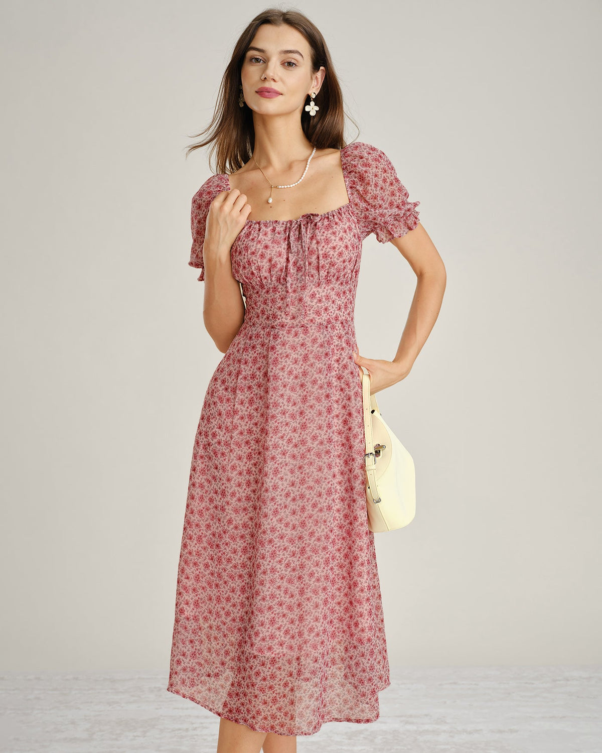Pink Floral Chiffon Square Neck Midi Dress - view 2