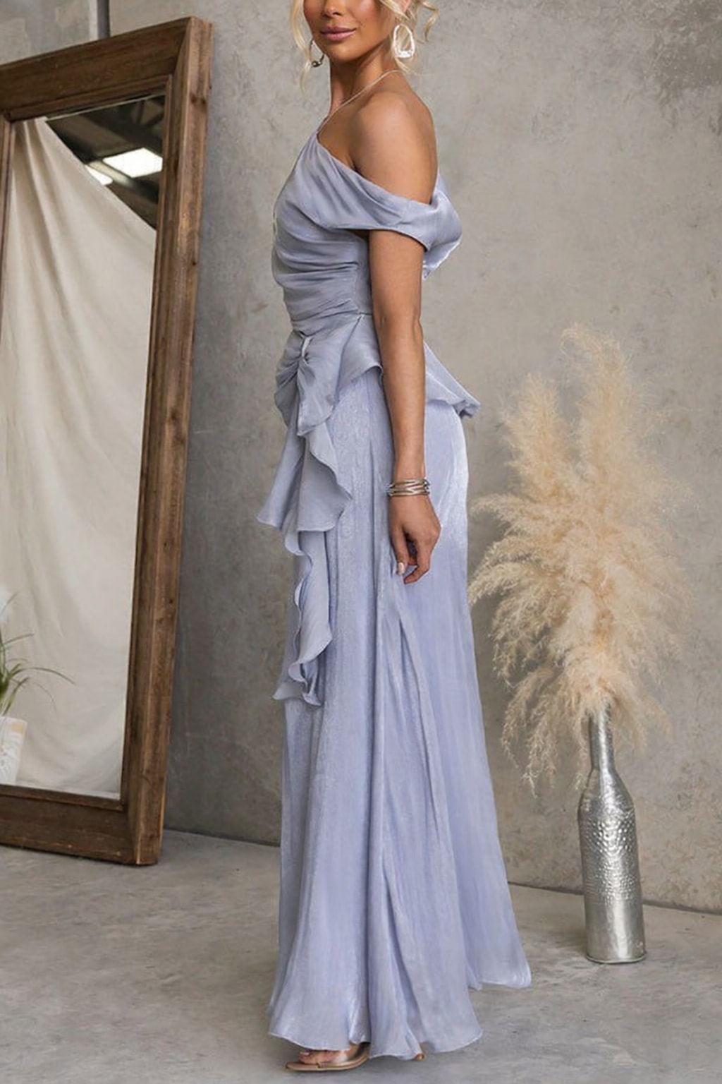Polyester Set With One-Shoulder Ruched Top & Flare Skirt - 11