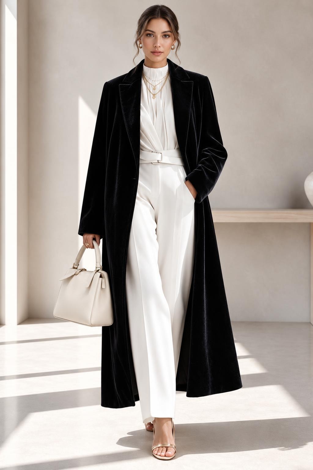 Polyester Long Overcoat With Lapel Collar - 8