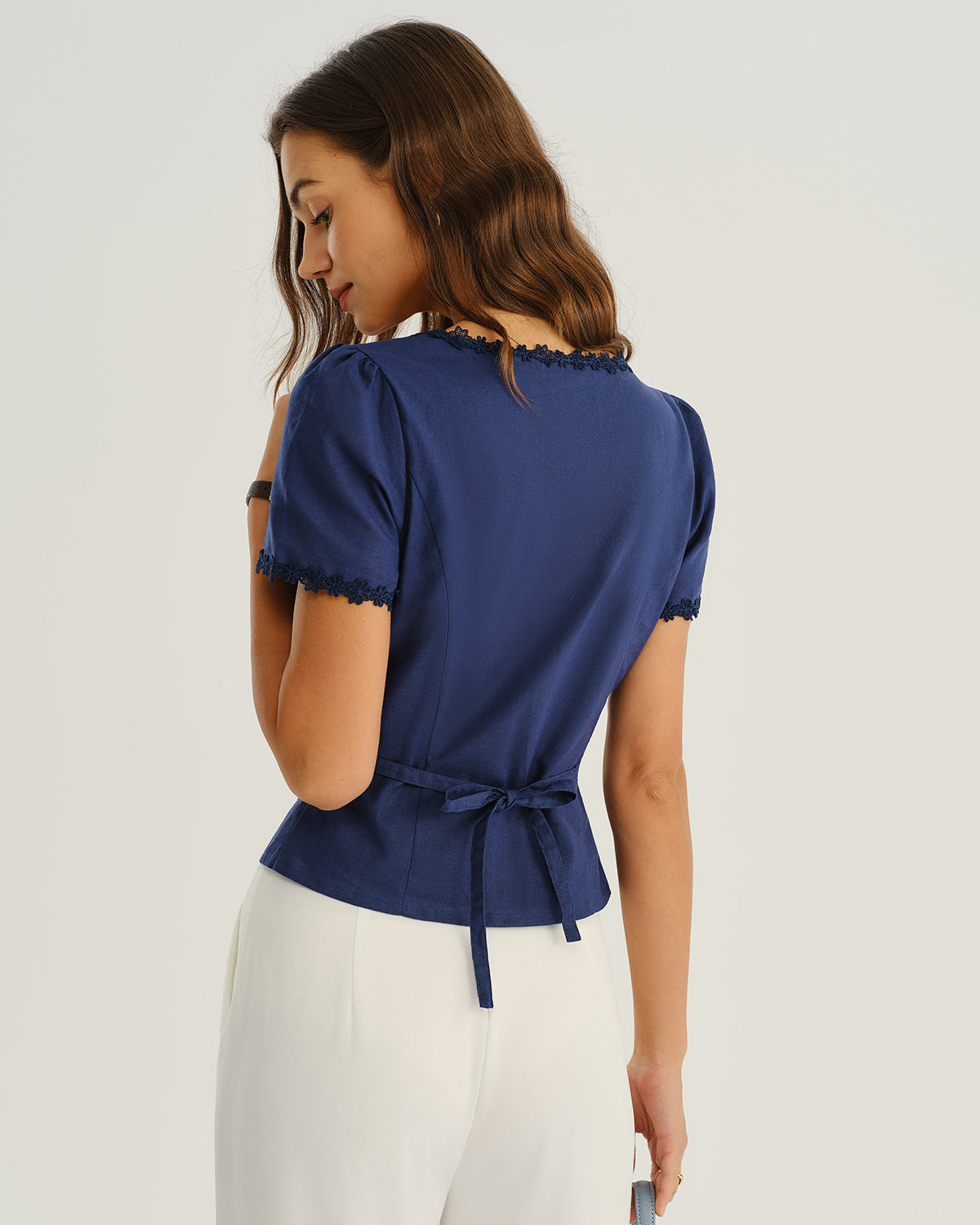 Navy square neck cotton linen button-front blouse - view 3