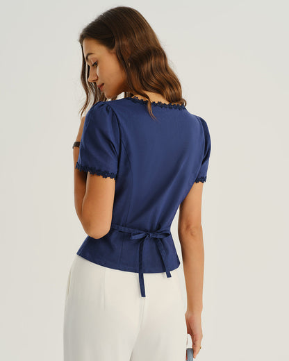 Navy square neck cotton linen button-front blouse - view 3