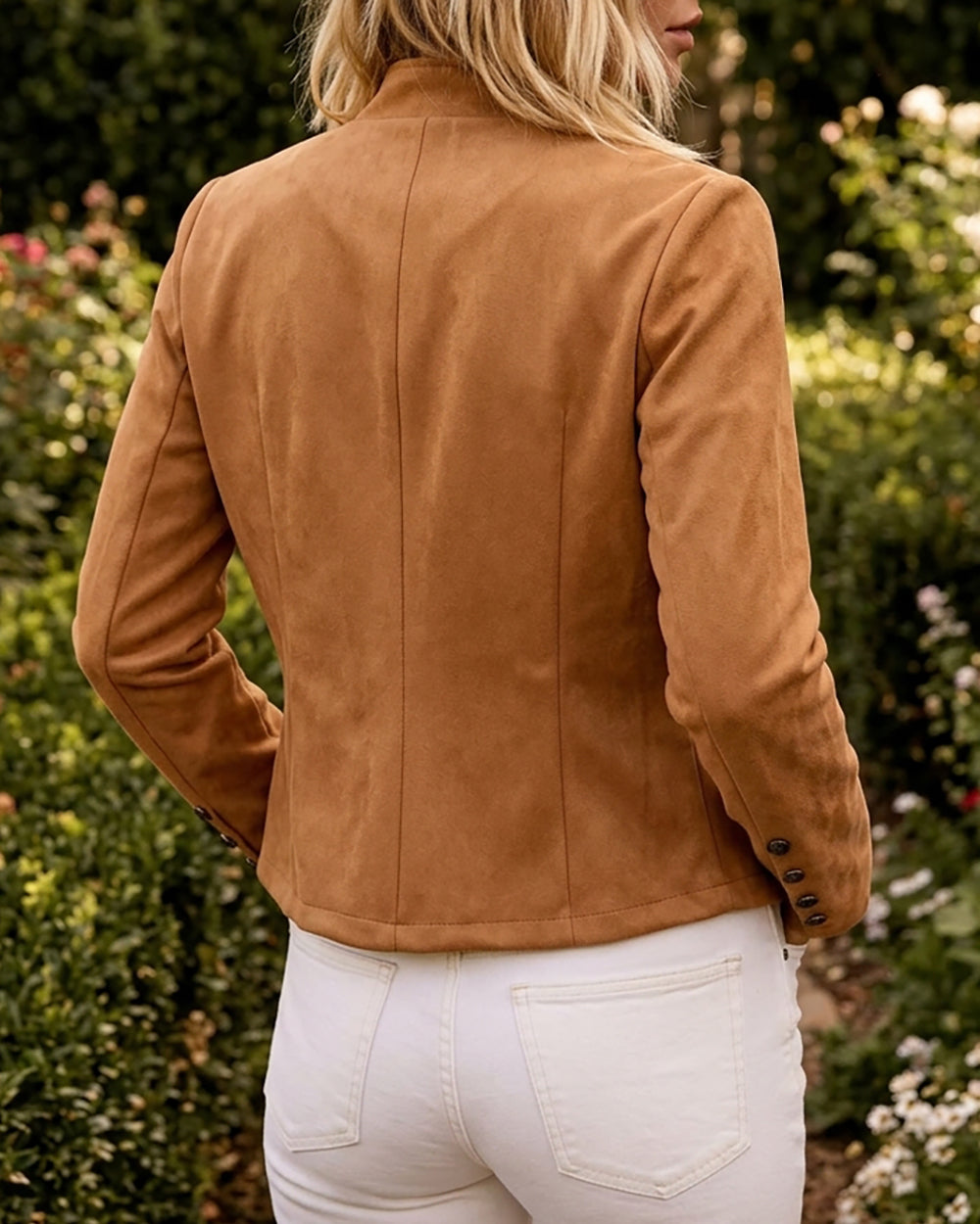 Brown Faux Suede Jacket with Stand Collar - view 4