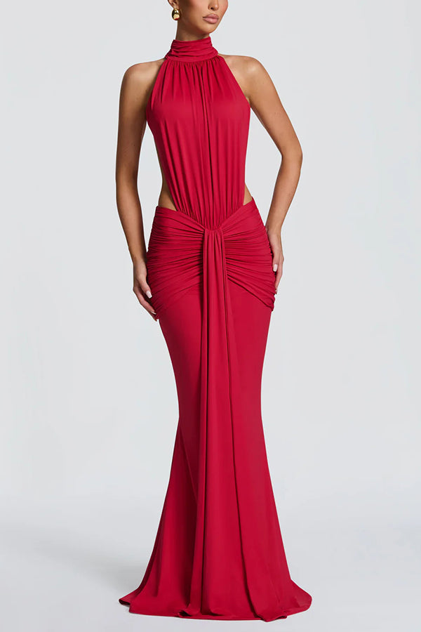 Stretch jersey maxi dress with high neck and open back - view 6