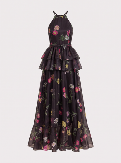 Black floral print tiered maxi dress with halter neck