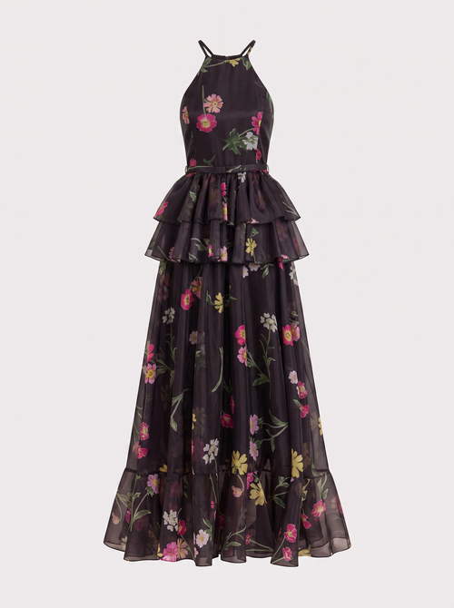 Black floral print tiered maxi dress with halter neck