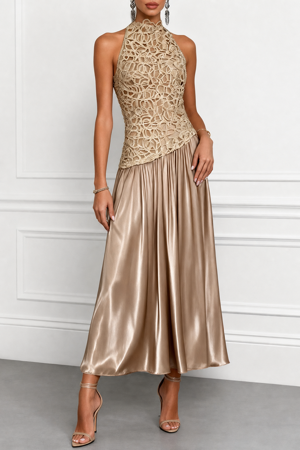 Champagne Lace Satin Crew Neck Maxi Dress - view 2