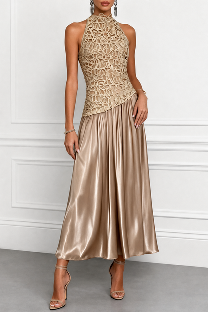 Champagne Lace Satin Crew Neck Maxi Dress - view 2