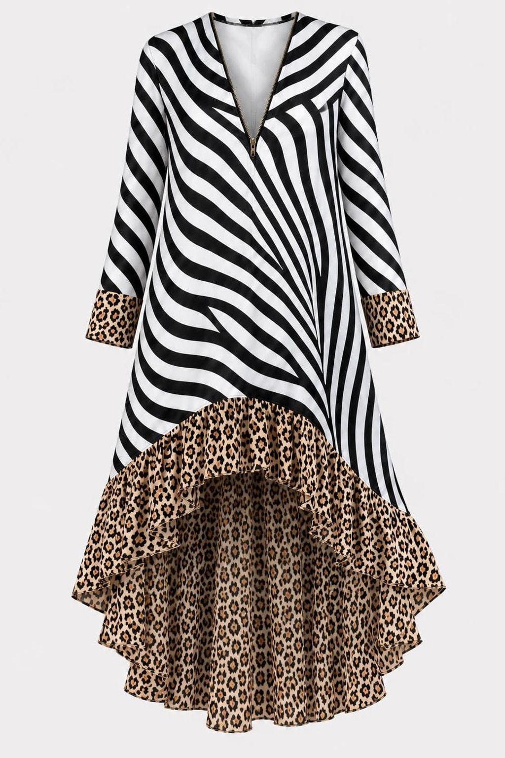Polyester Leopard Print Midi Dress With High-Low Hem - 1