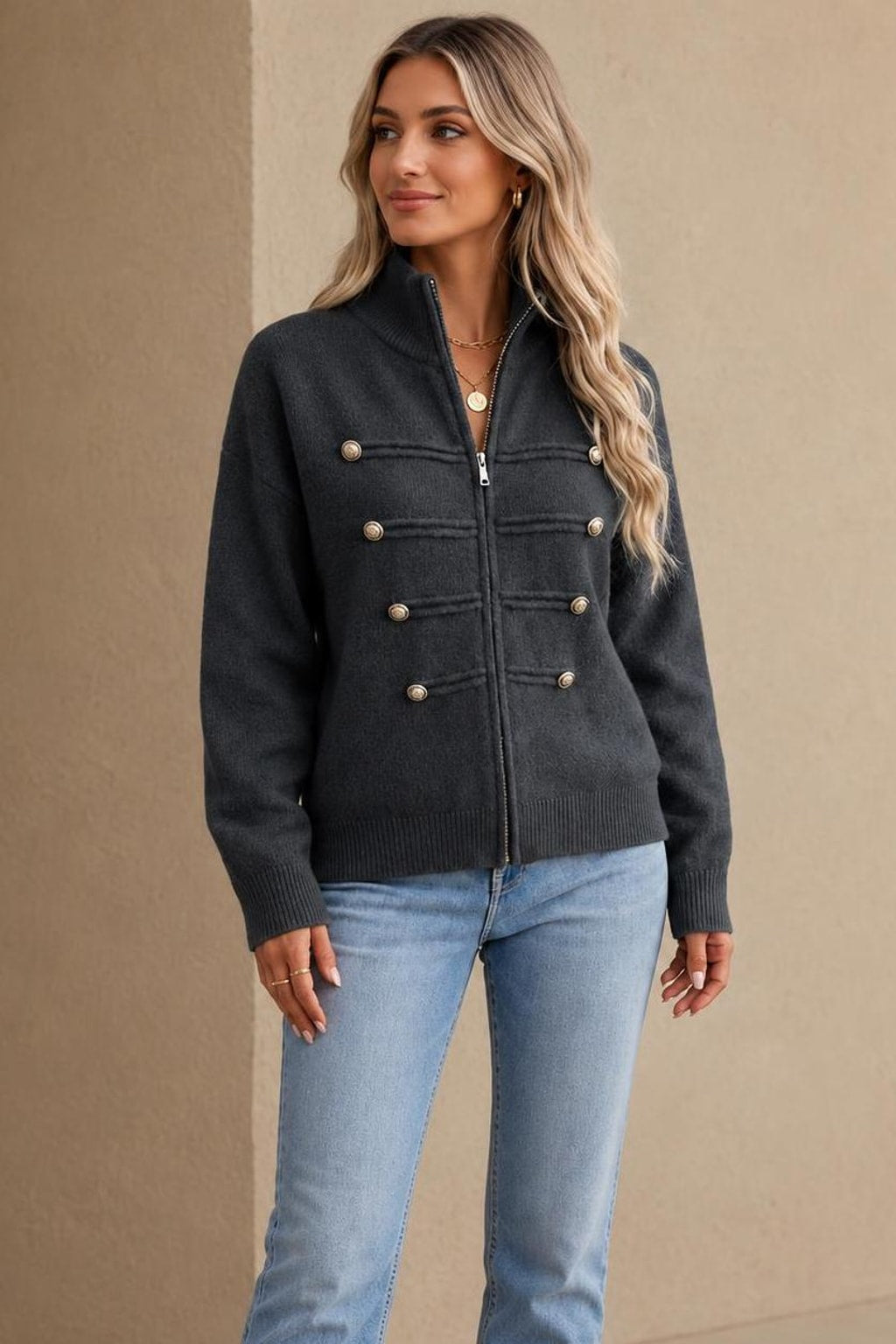 Knit Zip-Front Military-Style Cardigan - 15