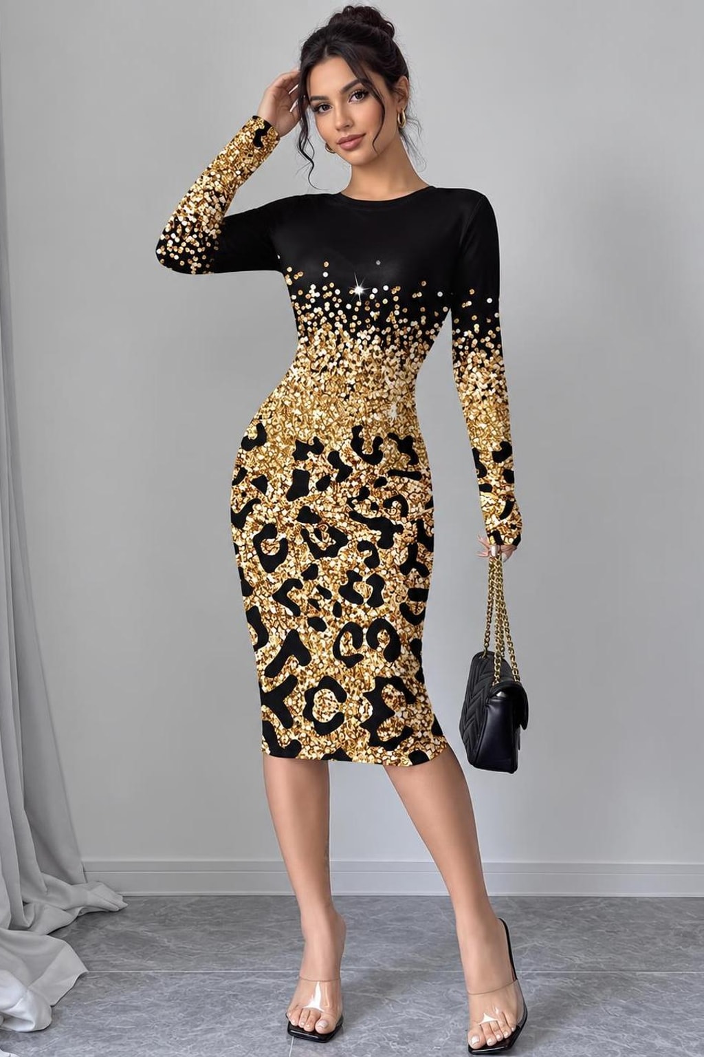Polyester Bodycon Midi Dress With Leopard Print Panel - 3