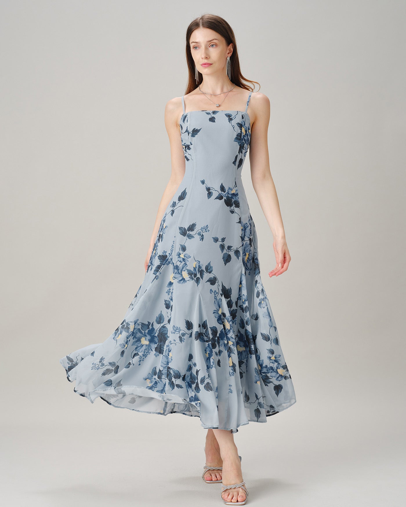 Blue Floral Chiffon A-Line Maxi Dress - view 2