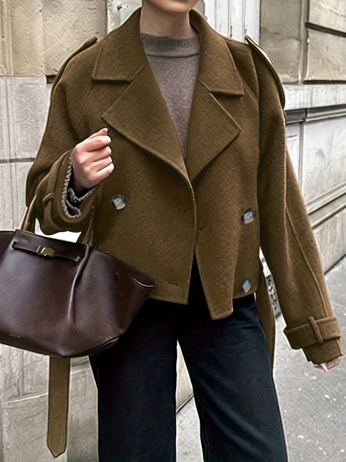 Coffee brown wool blend belted pea coat - view 4