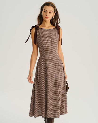 Brown Gingham Midi Dress with Tie Belt - view 5