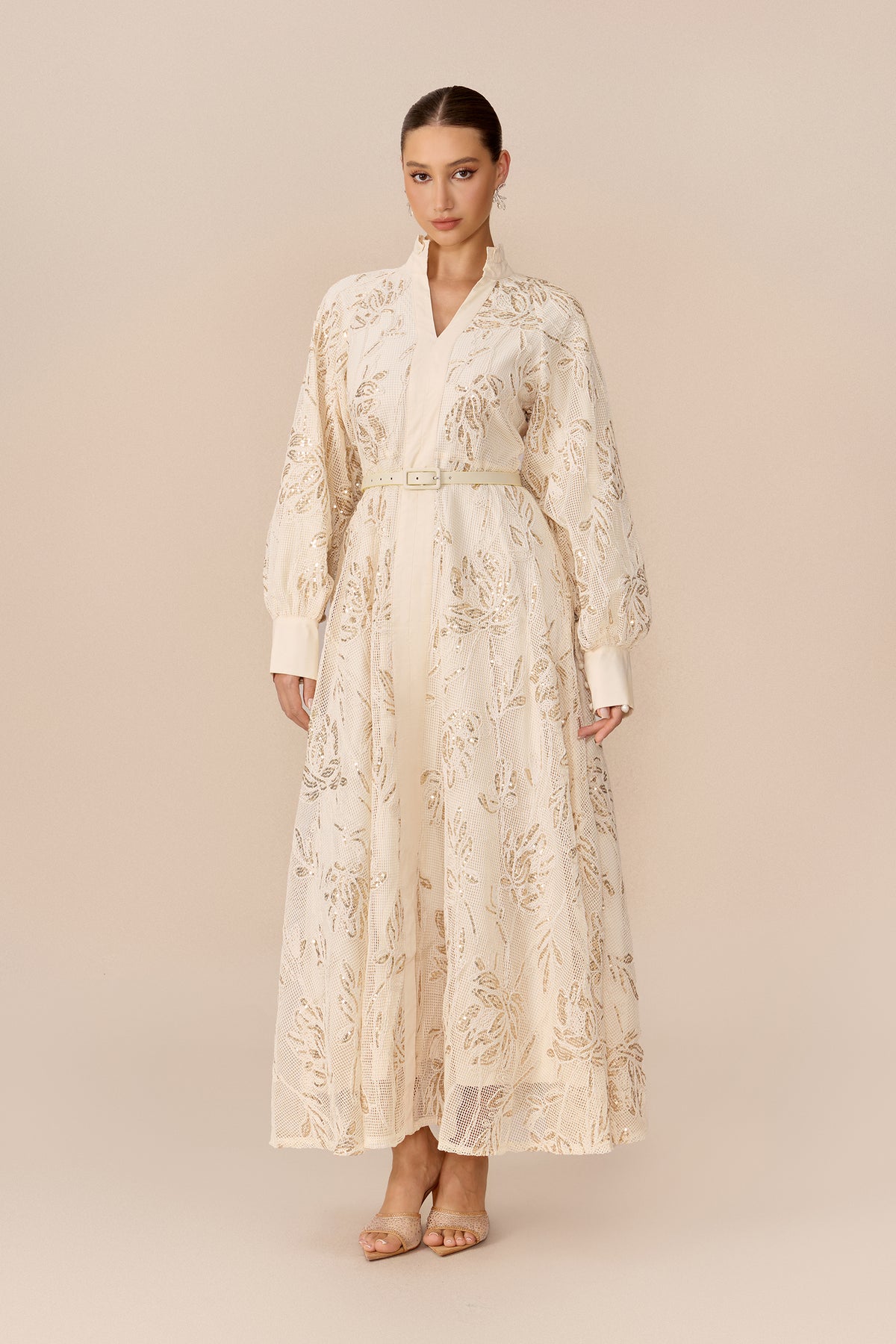 Beige sequin floral maxi dress with stand collar - view 2