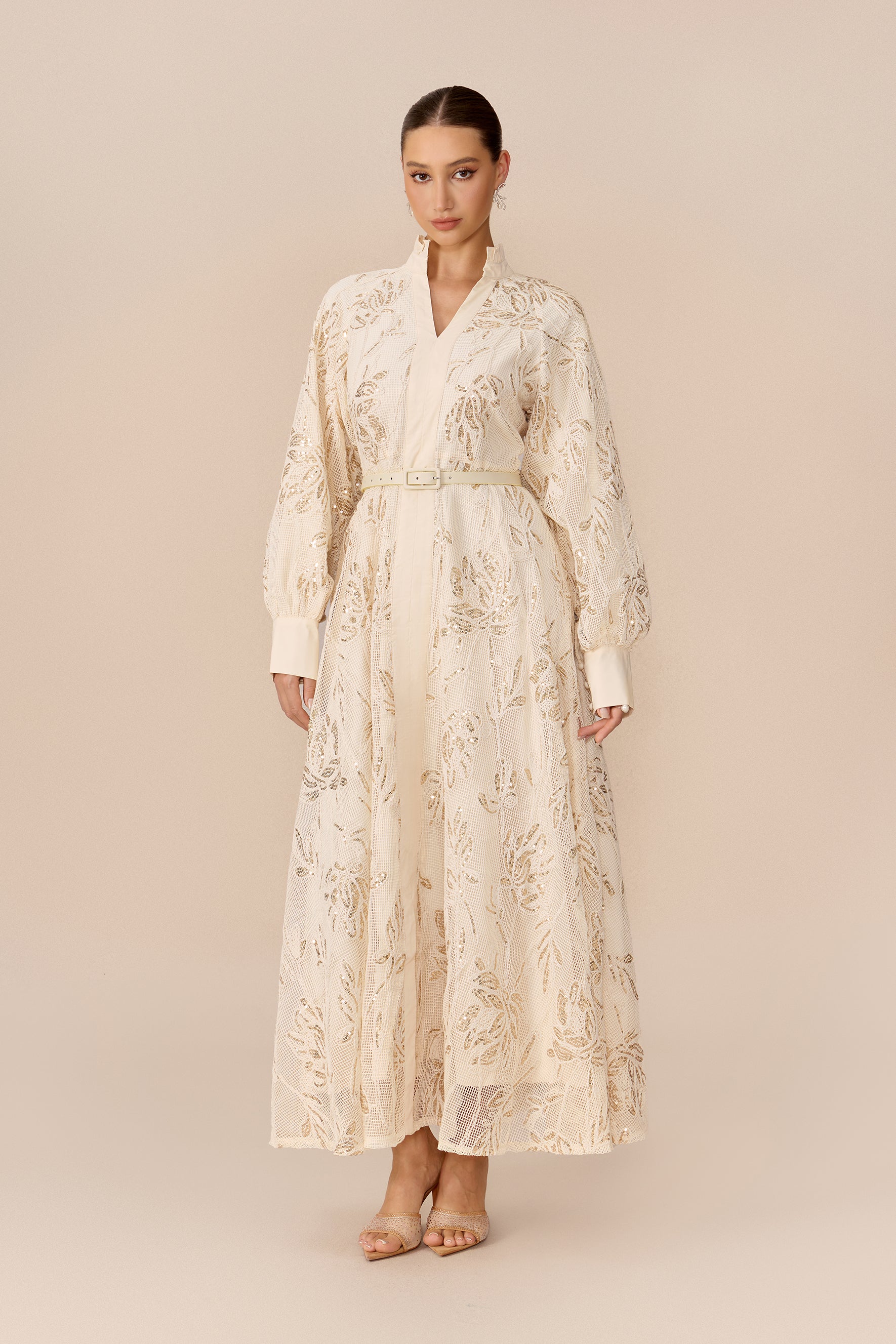 Beige sequin floral maxi dress with stand collar - view 2