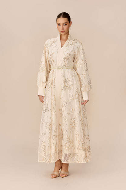 Beige sequin floral maxi dress with stand collar - view 2