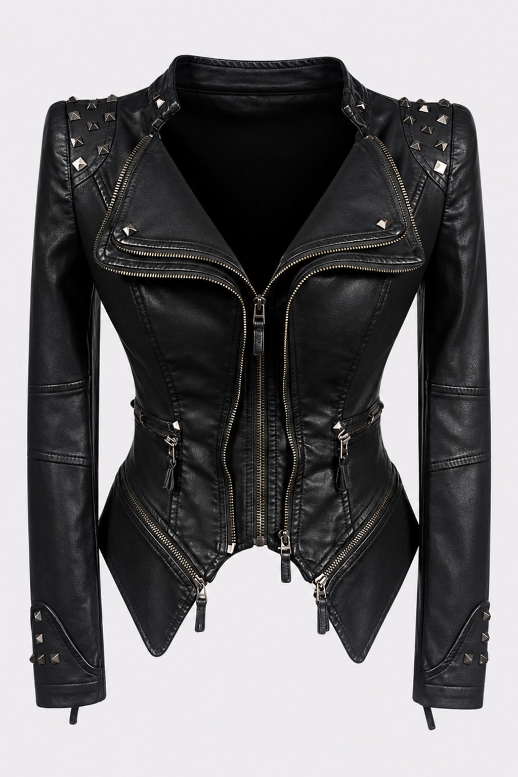 Faux Leather Peplum Jacket With Zip Cuffs - 1