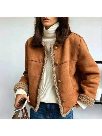 Brown cropped suede shearling collarless jacket - view 3