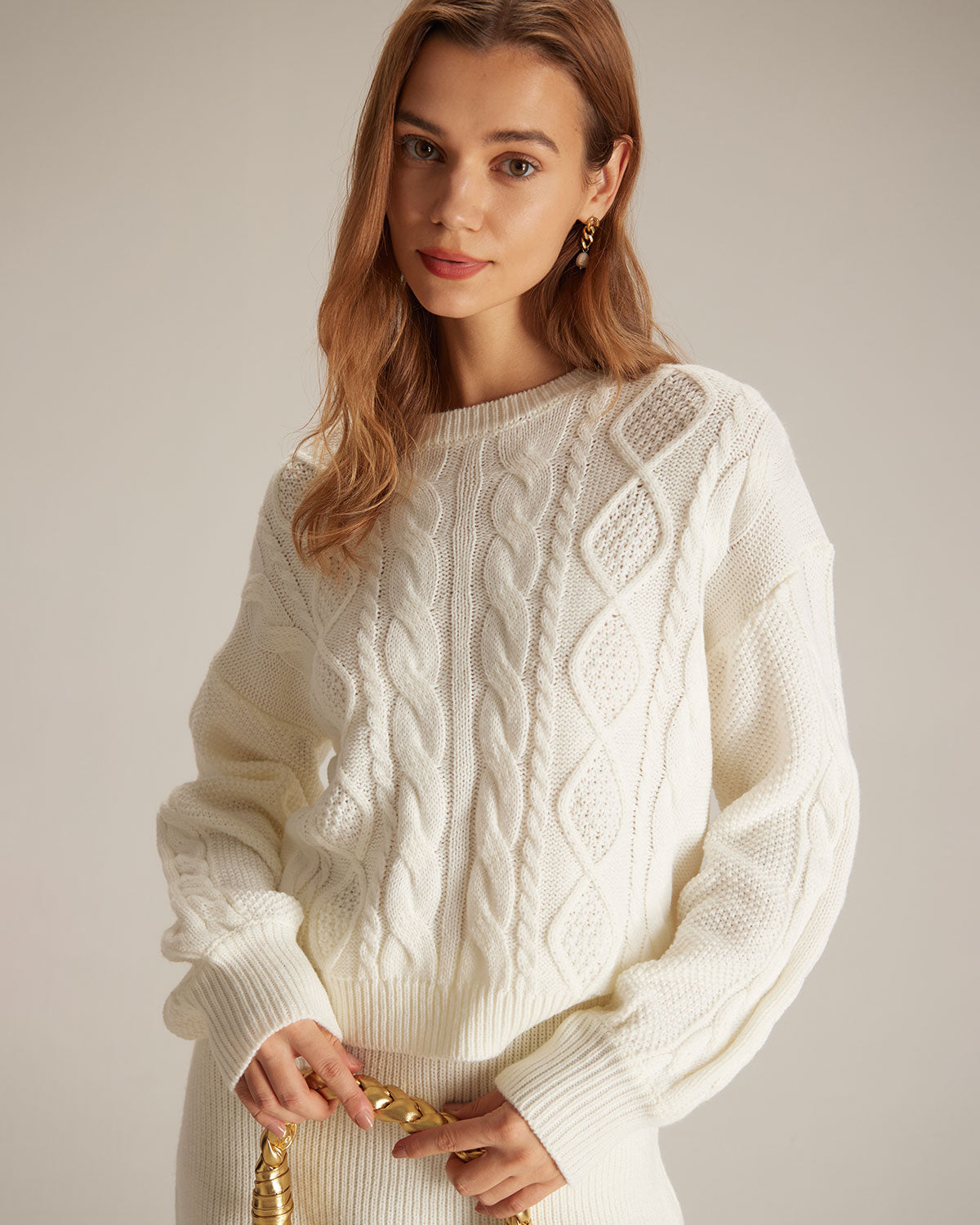 Beige ribbed cable knit round neck sweater - view 2
