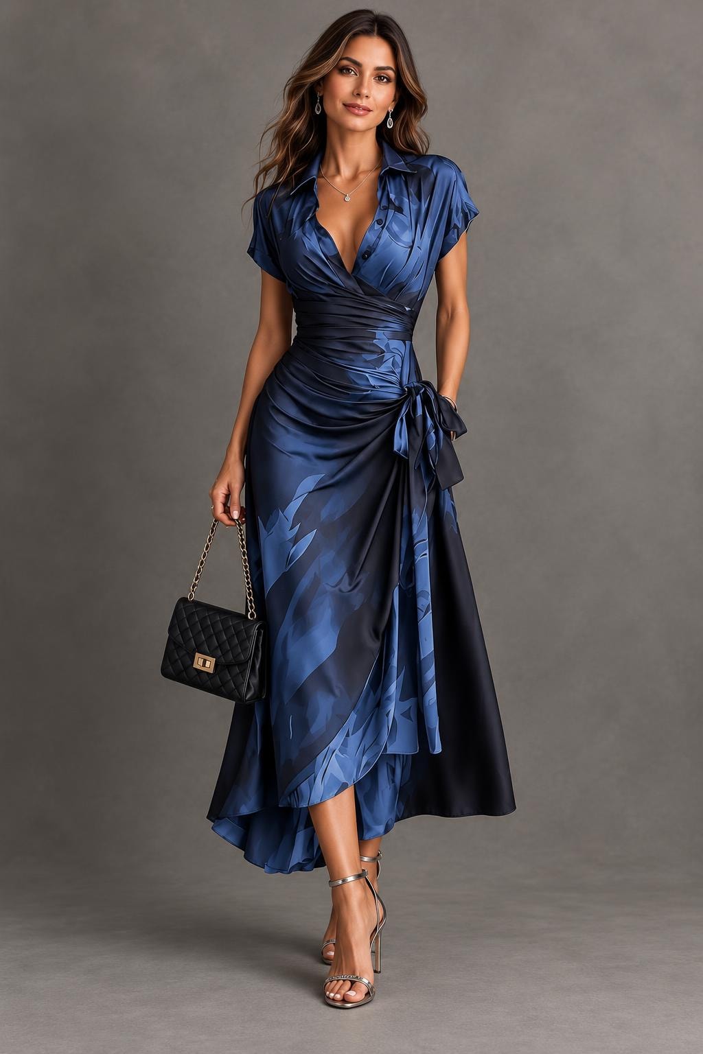 Polyester Wrap Midi Dress with Self-Tie Waist - 5