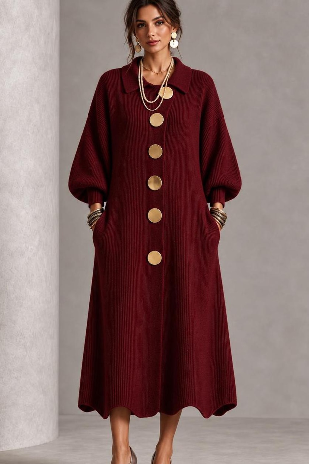 Ribbed Knit Lantern Sleeve Maxi Dress - 6