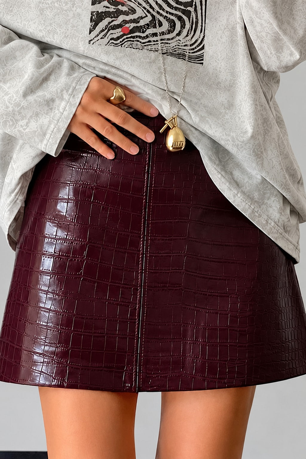 Faux Leather Mini Skirt Crocodile Grain A-Line - 2