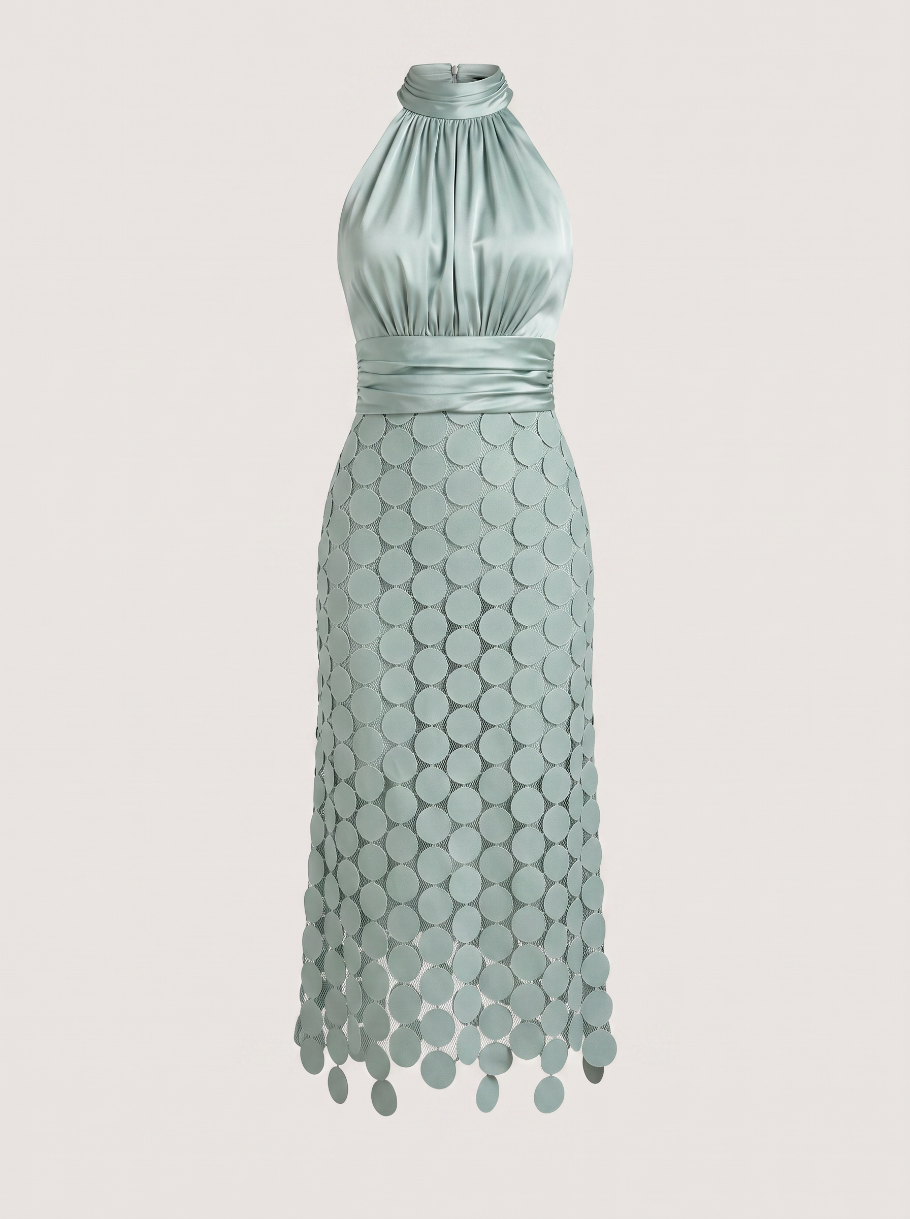 Satin ruched halter maxi dress with embroidered hem