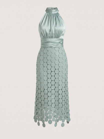 Satin ruched halter maxi dress with embroidered hem