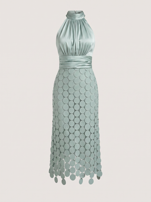 Satin ruched halter maxi dress with embroidered hem