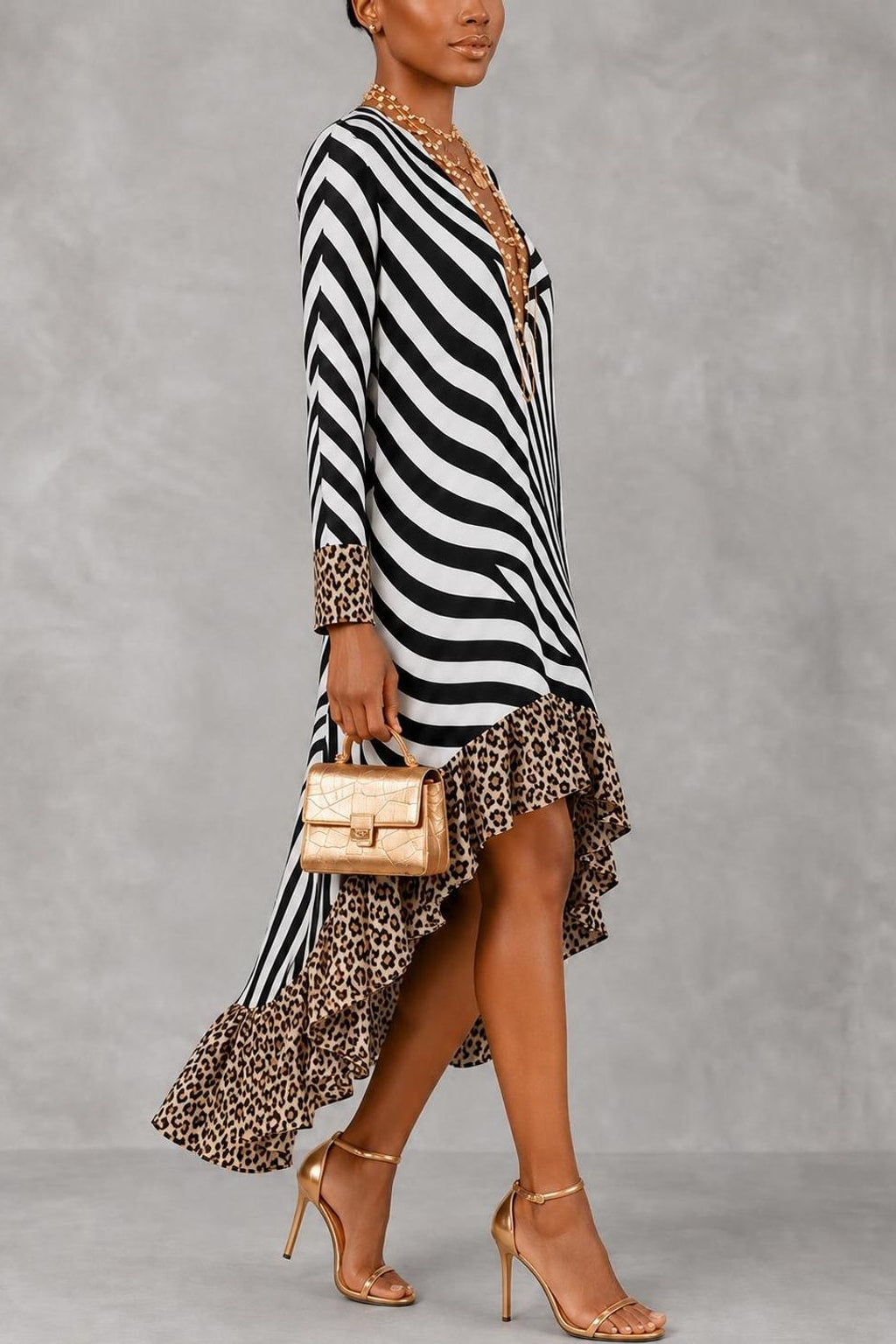 Polyester Leopard Print Midi Dress With High-Low Hem - 3